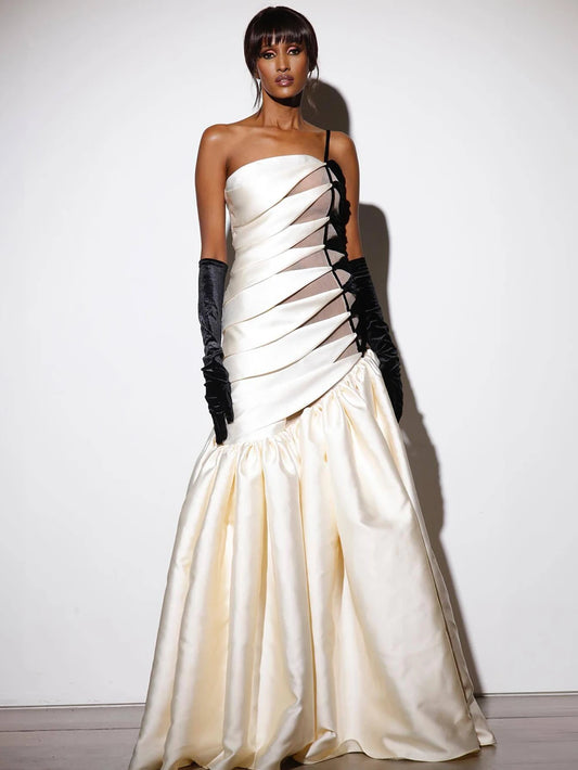 Elegant Strapless Slim Long Dress Sexy One Shoulder Black And White Contrasting Evening Gowns Banquet Wedding Dress For Women