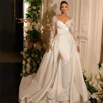 Fall In Love Custom Detachable Train Wedding Dress Lace Appliques V-Neck Long Sleeves Bridal Gown Satin Mermaid Evening Dress White