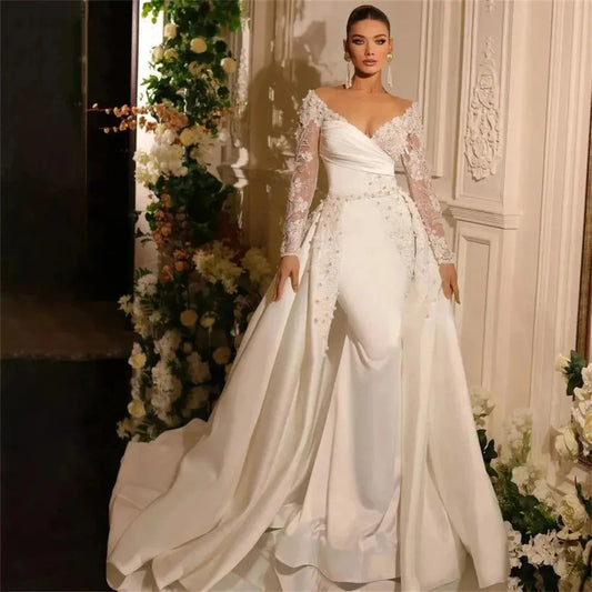 Fall In Love Custom Detachable Train Wedding Dress Lace Appliques V-Neck Long Sleeves Bridal Gown Satin Mermaid Evening Dress White