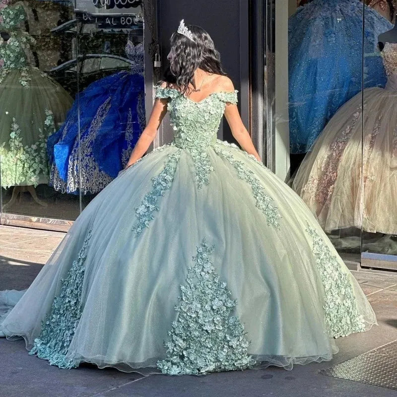 3D Flowers Sage Green Quinceanera Dress with Bow Formal Birthday Party