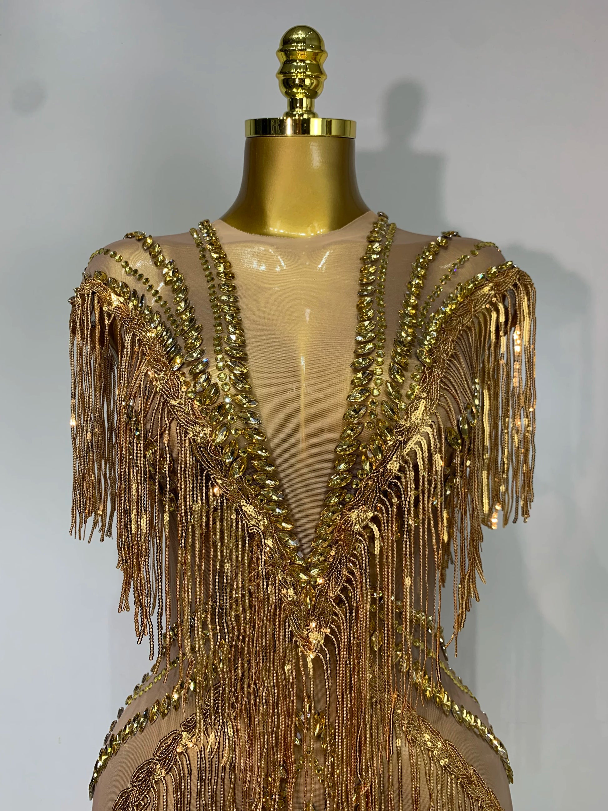 Luxury Sparkly Diamonds Tassels Sexy Mesh See Through Dress Women Evening Birthday Party Nightclub Bar Singer Stage Costumes