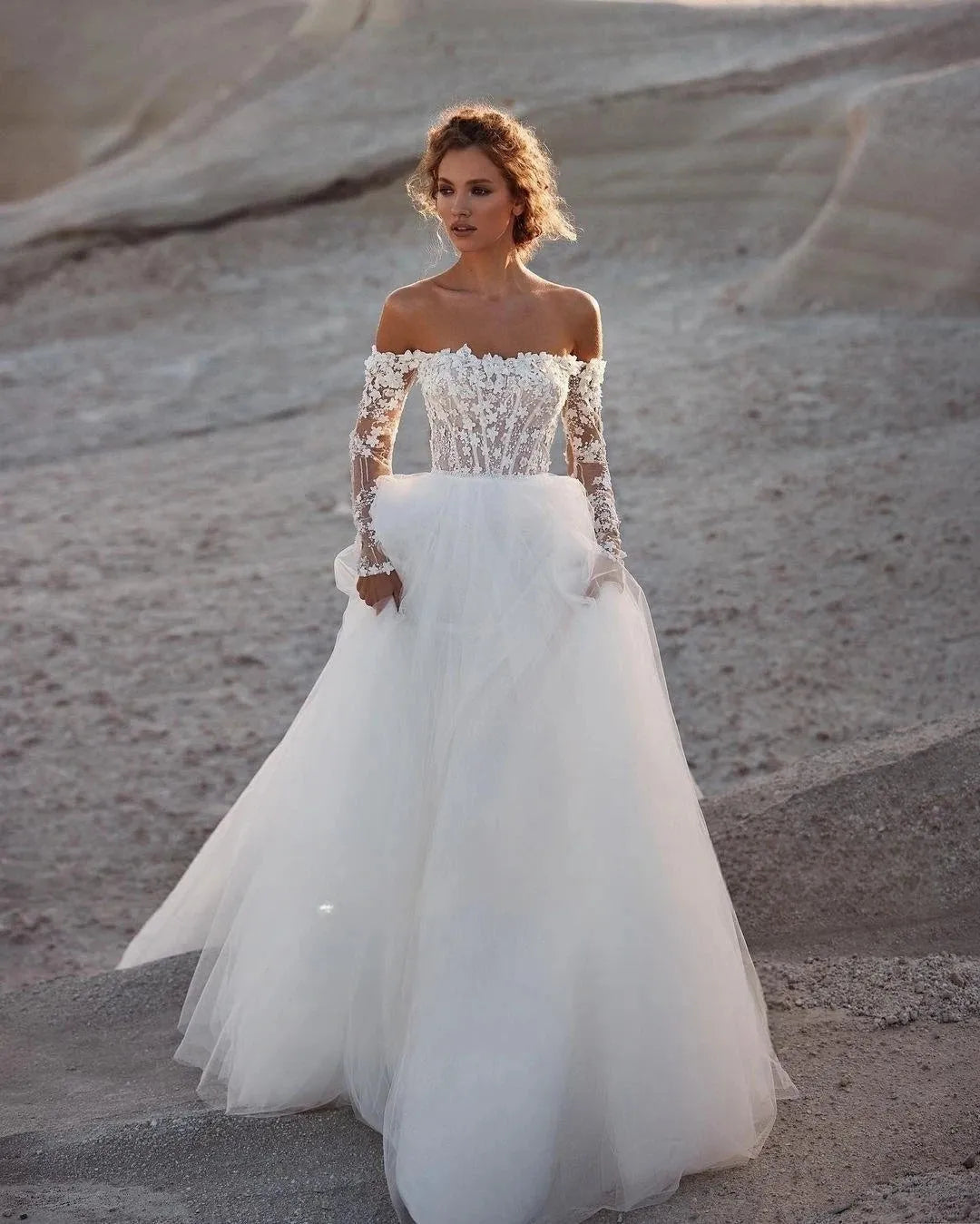 Off Shoulder Wedding Dresses Lace Appliques Beading Long Sleeves A-Line Customize To Measures Stunning Robe De Mariee For Women Ivory