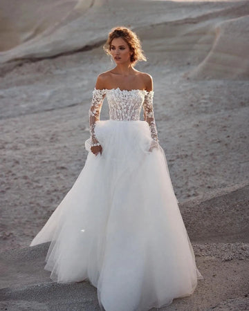 Off Shoulder Wedding Dresses Lace Appliques Beading Long Sleeves A-Line Customize To Measures Stunning Robe De Mariee For Women Ivory