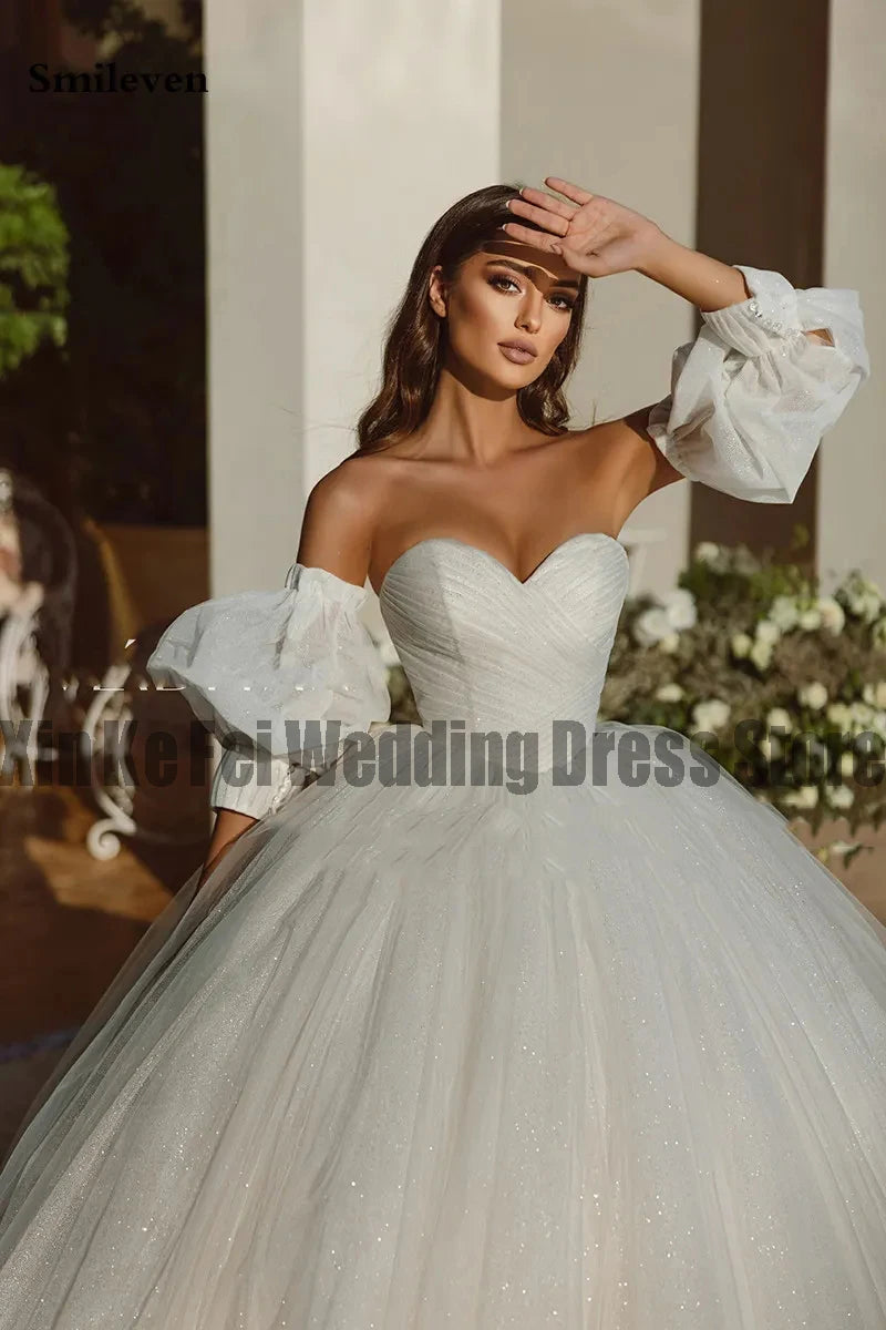 Elegant Wedding Dresses Luxury Off Shoulder Detachable Fluffy Sleeves Beautiful Court Train Princess Mopping Bridal Gown
