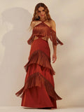 Elegant Bandage Tassels Dress Women Sexy Halter Backless Sleeveless Hollow Out Vestidos Female 2025 Fashion Evening Party Robe