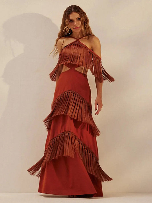 Elegant Bandage Tassels Dress Women Sexy Halter Backless Sleeveless Hollow Out Vestidos Female 2025 Fashion Evening Party Robe