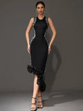 2024 Chic Women Heavy Industry Embroidery Patchwork Bandage Dress O-neck Sleeveless Bodycon Asymmetric Midi Dress Party Vestidos black