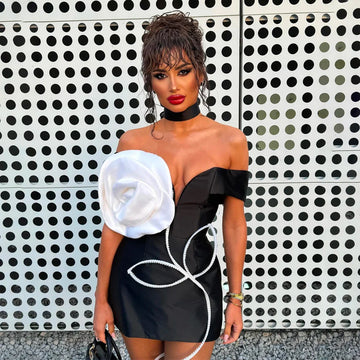 Black Color Women Sexy Off the Shoulder Big Florals Bodycon Mini Bandage Dress Fashion Celebrate Nightclub Party Outfit Vestido black