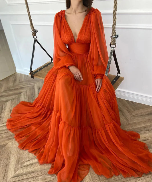 Orange Chiffon robes de soirée V-neck A-line Prom Dresses Elegant Long Puffy Sleeves Floor-length Wedding Dress As Picture