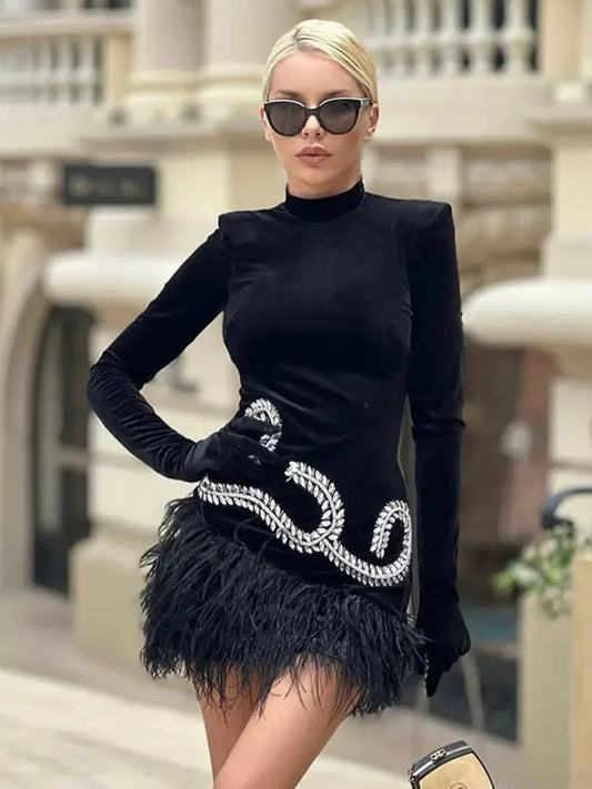Autumn Elegant Dress Women's Party Dress High Neck Long Sleeve Gloves Luxury Crystal Design Velvet Mini Feather Dresses Vestido