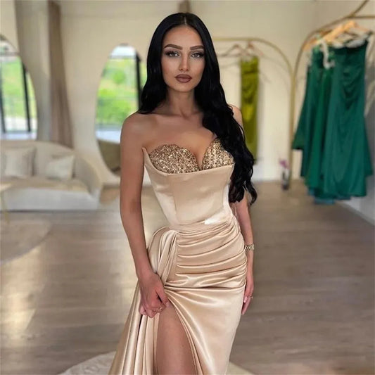 Sexy Strapless Mermaid Vestidos De Noche Glitter Sequins Chest Trumpet Side Split Prom Dress