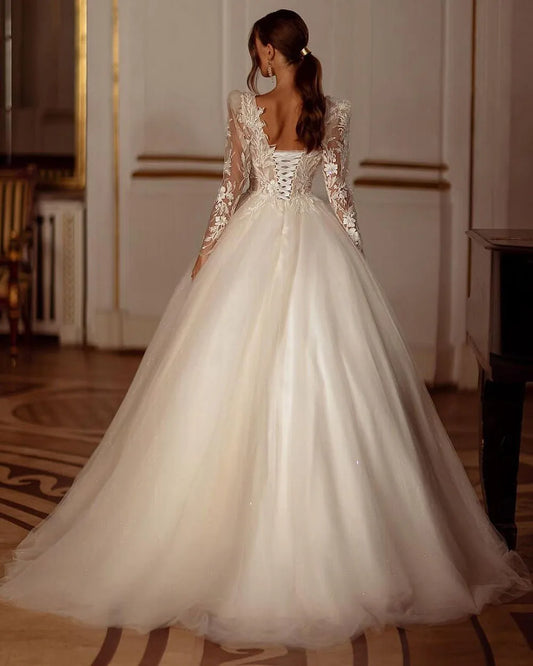Glitter Champagne Wedding Dresses Long Sleeve Appliques Lace Modern Bridal Dress Tulle Bride Gown vestidos de novia