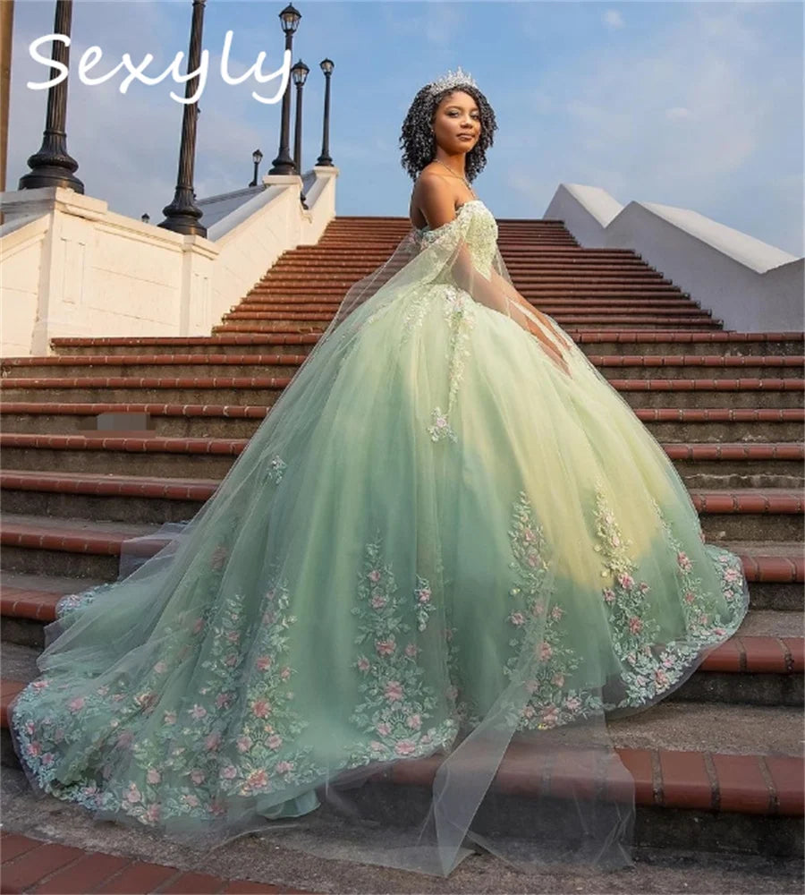 Mint Green Floral Vestidos De 15 Quinceañera Dress Cape Sleeve Corset Vestido De 15 Años Charro Xv Debutante Birthday Customized
