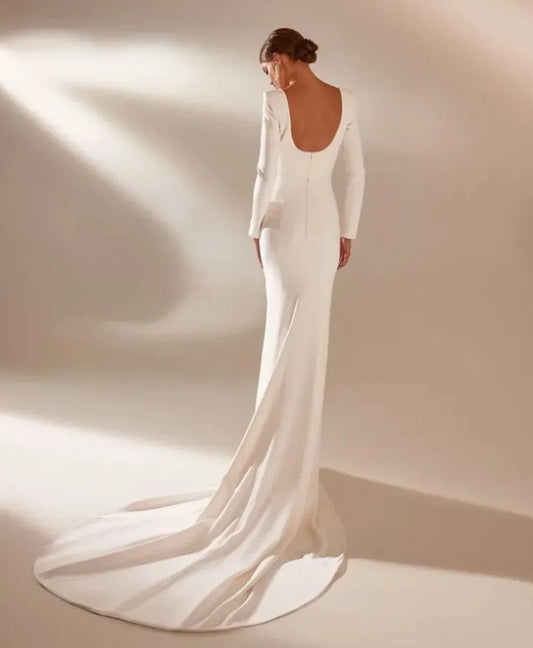 Satin Wedding Dress For Women Square Collar Neck Long Sleeves Simple Mermaid Bridal Gowns Sweep Train Vestidos De Novia