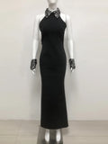 Elegant Black Sexy Off Shoulder Diamond Bead Tight Maxi Long Bandage Dress Women'S Celebrity Evening Runway Party Gowns