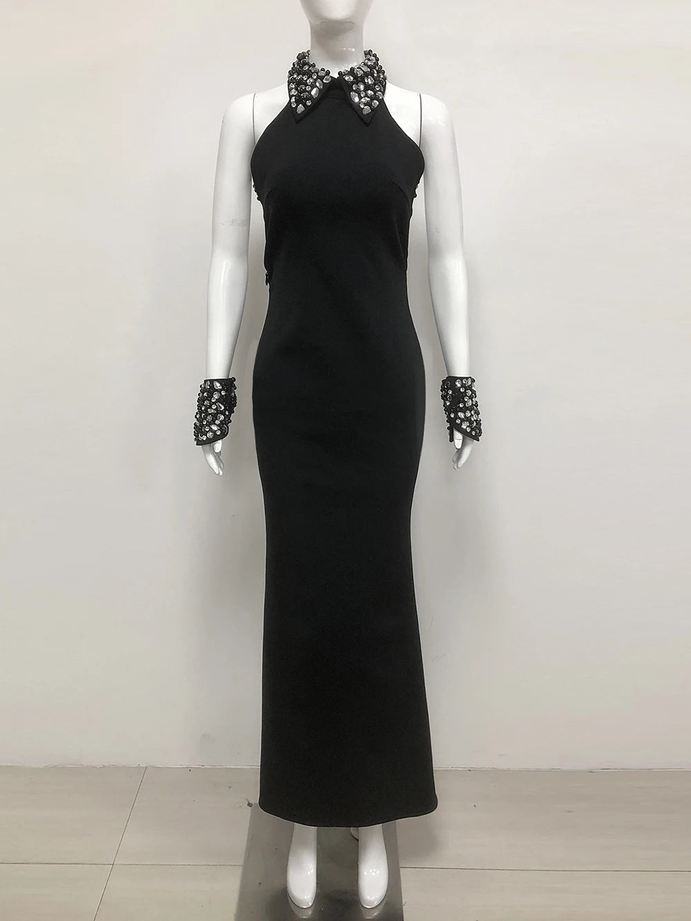 Elegant Black Sexy Off Shoulder Diamond Bead Tight Maxi Long Bandage Dress Women'S Celebrity Evening Runway Party Gowns