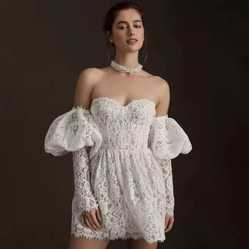 Vintage Full Lace Sleeves Short Wedding Dresses Gowns A Line Mini Custom Formal Princess Bride Bridal Gown Dress Vestidos