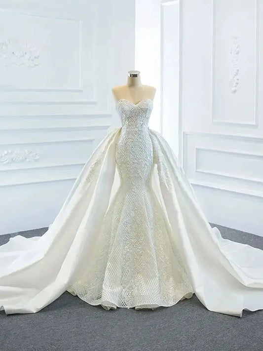 Arrivals 2 Pieces Pearls Lace Mermaid Wedding Dress With Detachable Chapel Train Vestido De Noiva Sereia 2 Em 1