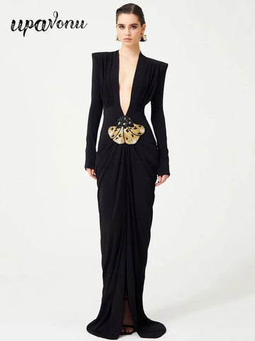 Sexy Women's Light Luxury Maxi Dress Deep V-neck Long Sleeve Three Dimensional Beaded sequin Design Bodycon and Floor Dress