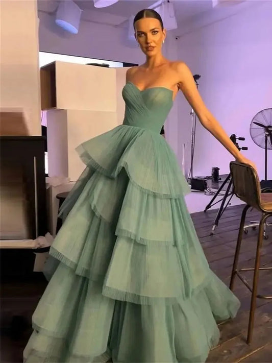 Mint Green Prom Dresses Organza Strapless A-Line Tiered Layered Skirt Pleat Ruched Floor Length Women Party Gowns As Picture