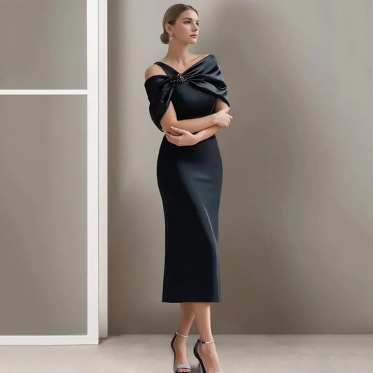 Customized Simple Mermaid Mother Dresses One Shoulder Beading Wedding Party Gowns Mid-calf Length New Formal Bridal Dress black