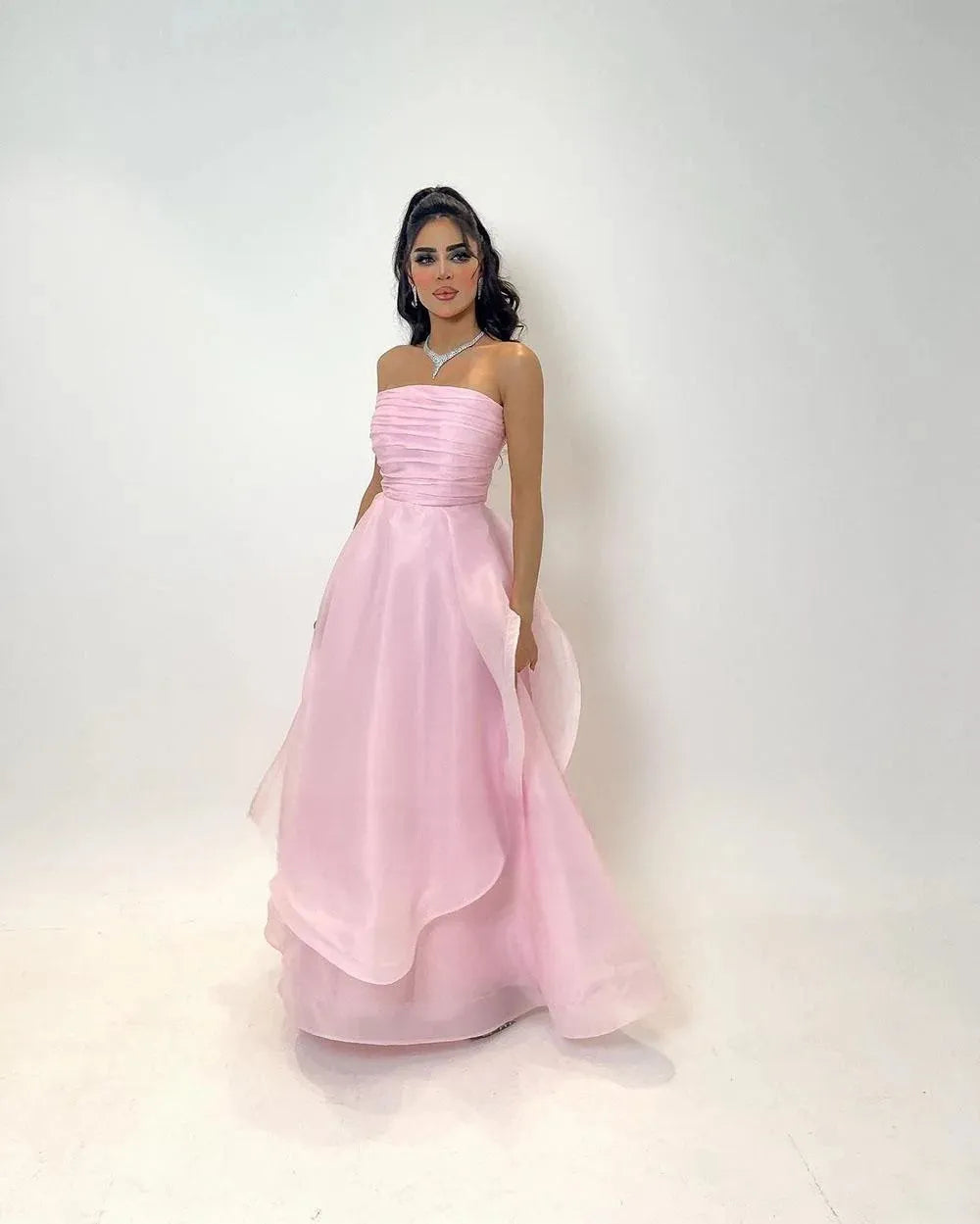 Amanda Strapless Organza Light Pink A-line Floor Lenght Prom Dress Sexy Sleeveless Crimping Prom Gown