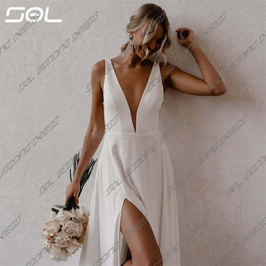 SOL Simple Deep V Neck Spaghetti Straps Side Slit Chiffon Wedding Dresses Elegant Backless A-Line Bridal Gowns Vestidos De Novia
