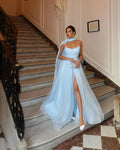 Light Blue Prom Dresses Detachable Shawl Evening Dress Elegant Spaghetti Strap Sexy Side High Split Vestidos De Fiesta