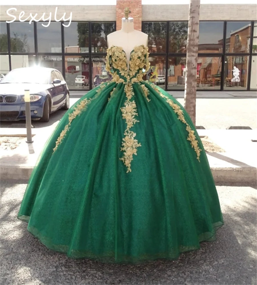 Customized Green And Gold Quinceanera Dress 2025 Sweetheart 3D Florals Vestidos De 15 Quinceañera Lace Sparkly Birthday Party green