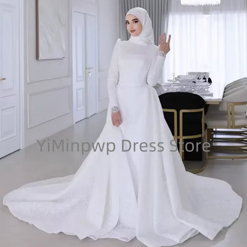 Muslim Wedding Dress with Hijab for Bride High Neck Long Sleeve Modest Sweep Train Lace A-Line Gown Customize Vestidos De Novia