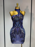 Sexy Sparkly Rhinestones Chains Blue Mesh Mini Dress 2025 New Women Party Celebrate Birthday Dresses Photo Shoot Stage Outfit Blue