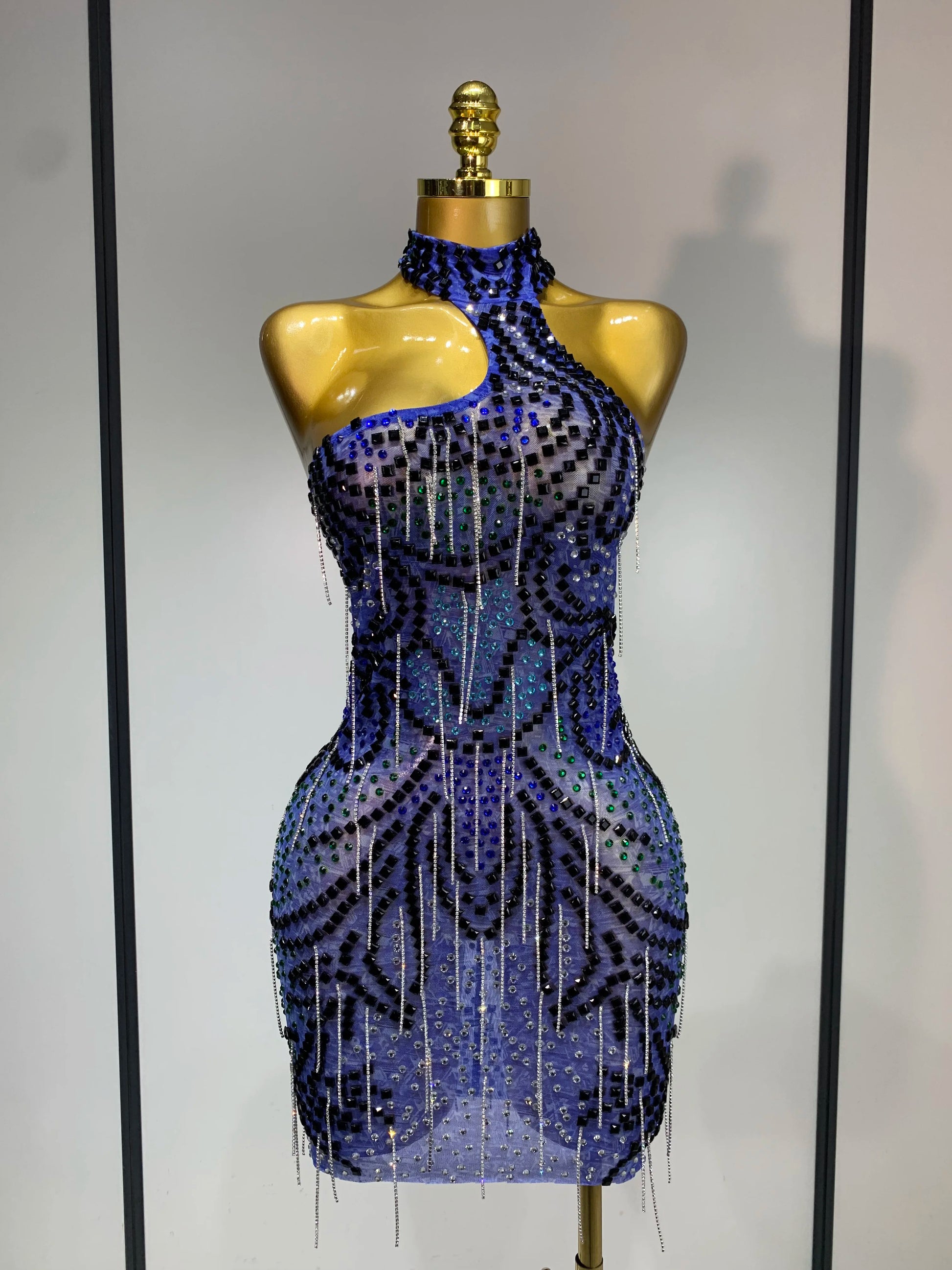 Sexy Sparkly Rhinestones Chains Blue Mesh Mini Dress 2025 New Women Party Celebrate Birthday Dresses Photo Shoot Stage Outfit Blue