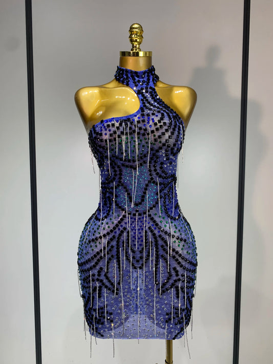 Sexy Sparkly Rhinestones Chains Blue Mesh Mini Dress 2025 New Women Party Celebrate Birthday Dresses Photo Shoot Stage Outfit Blue