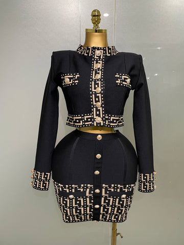 Trendy Black Long Sleeves Two Pieces Bandage Set Button Top Short Skirt Suit Evening Party Women's Outfit Nightclub Wear black
