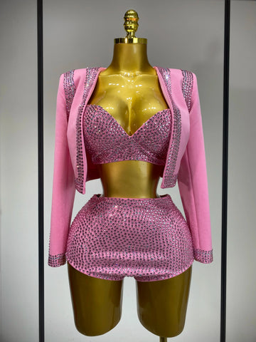 Luxury Rhinestone Jacket Bra Top And Matching Shorts Set 3 Pieces Outfits Women Sexy Sparkle Nightclub Singer Stage Outfit Pink