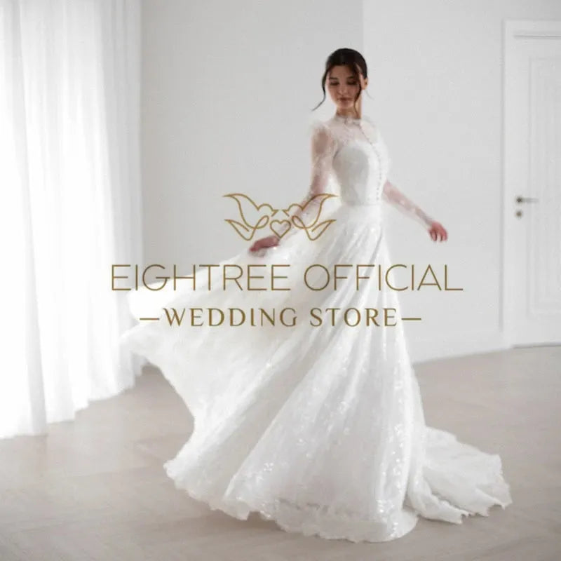 Elegant A-Line Wedding Dresses 2025 Long Sleeve Lace Glitter Bridal Dress Boho Beach Wedding Prom Ball Gowns Customized