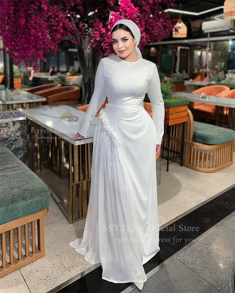 Elegant White Long Wedding Evening Dresses Muslim Long Sleeves Dubai Guest Party Dresses Customized Saudi Bridal Prom Gowns