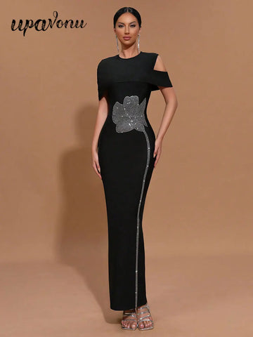 Elegant Women Light Luxury Hot Diamond Flower Design Bandage Dress O-Neck Shoulder Bodycon Long Dress Evening Party Vestido