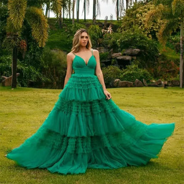 Spaghetti Strap A-line Multilayer Tulle Vestidos De Noche Floor-Length Elegant Sleeveless Prom Dresses