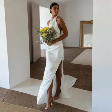 Halter Sleeveless Simple Mermaid Wedding Dress Satin Open Back High Side Slit Floor Length Bridal Gown Custom Made
