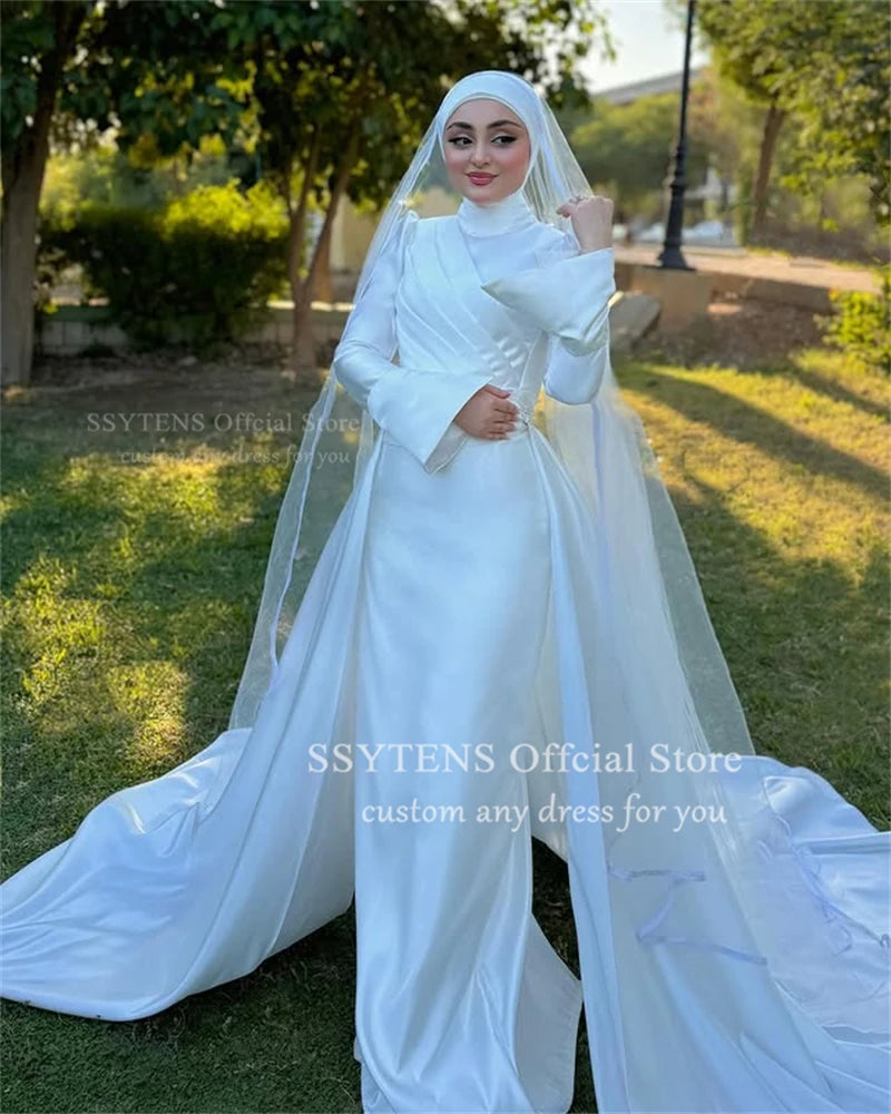 Luxury Muslim Wedding Dresses Mermaid Long Sleeve High Neck Satin Formal Bride Gowns Elegant Vestido De Novia Customized