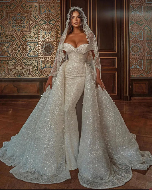 Sparkly Sequined Mermaid Wedding Dress Off The Shoulder Glitter Bridal Gowns Tiered Beads Vestido De Noiva With Detachable Train