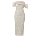 2024 Sexy Women Light Luxury Embossed Design Dress with One Collar Shoulder Bodycon Bareback Patchwork Midi Dress Party Vestidos Beige
