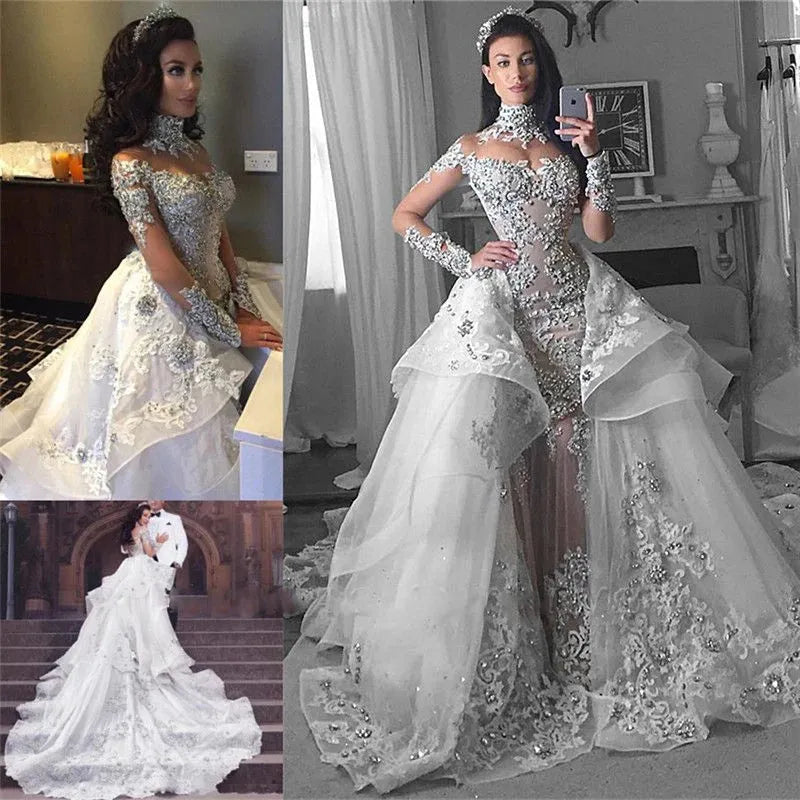 Tulle High-Neck Appliques Detachable-Train Wedding Dress Long Sleeves Glamorous Wedding Dresses Luxury Mermaid Bridal Gowns White
