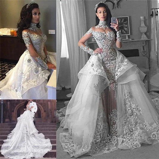 Tulle High-Neck Appliques Detachable-Train Wedding Dress Long Sleeves Glamorous Wedding Dresses Luxury Mermaid Bridal Gowns White