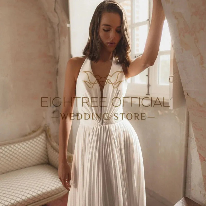 White A-Line Wedding Dresses Halter Neck Sleeveless Backless Bridal Dress Formal Wedding Ball Prom Gowns Customized