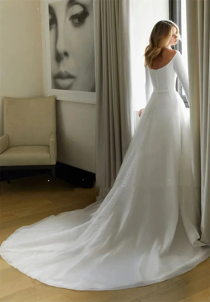 Boat Neck A-Line Wedding Dresses Long Sleeveless Floor Length Bridal Gowns Custom Made Elegant Customize To Measures