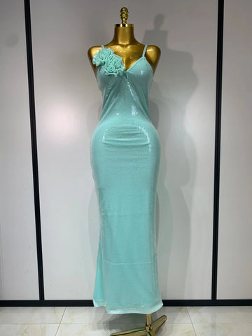 Women Sexy Sling V Neck Appliques Sequines Glitter Bodycon Long Dresses Luxury Birthday Party Celebrity Evening Prom Gown Mint