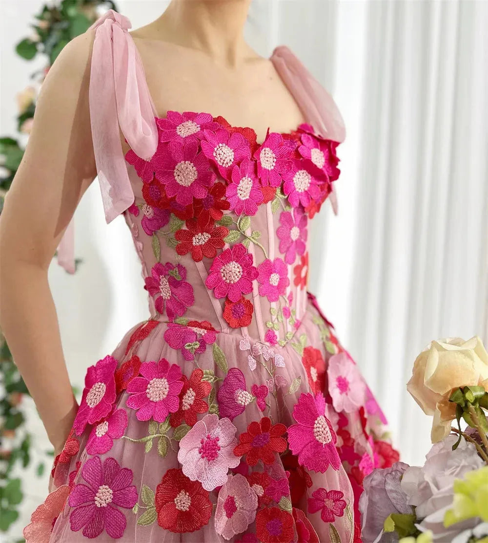 Sansa Sweet Fuchsia Flower Mini Prom Dress Princess 3D Lace Short A-line Vestidos De Noche With Pocket