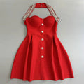 2025 Sexy Women's Light Luxury Nail Diamond Design Bandage Dress Hanging Neck Sleeveless A-line Bareback Mini Dress Vestidos Red